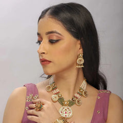 Royal Kundan & Pearl Multi-Strand Necklace Set with Antique Pendant - UB Jewellerys 