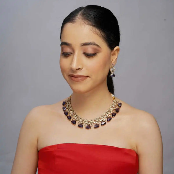 Royal purple Teardrop Collar Necklace Set with Antique Gold Filigree and Matching Earrings - UB Jewellerys 