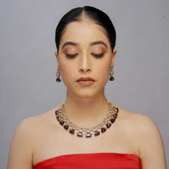 Royal purple Teardrop Collar Necklace Set with Antique Gold Filigree and Matching Earrings - UB Jewellerys 