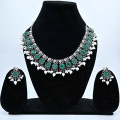 Traditional Green Stone Oxidized Necklace and Earring Set - UB Jewellerys 