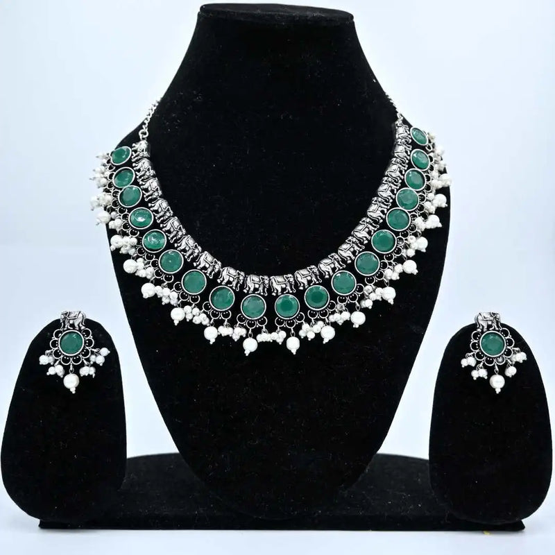 Traditional Green Stone Oxidized Necklace and Earring Set - UB Jewellerys 