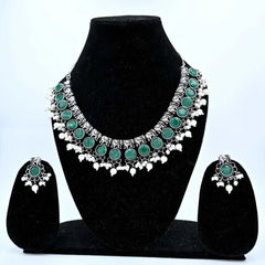 Traditional Green Stone Oxidized Necklace and Earring Set - UB Jewellerys 