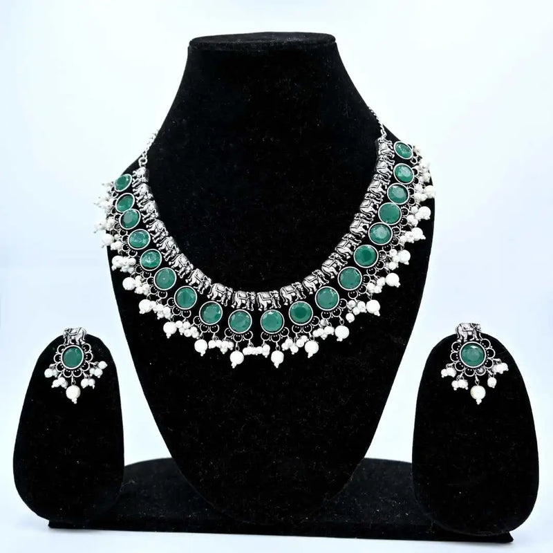 Traditional Green Stone Oxidized Necklace and Earring Set - UB Jewellerys 
