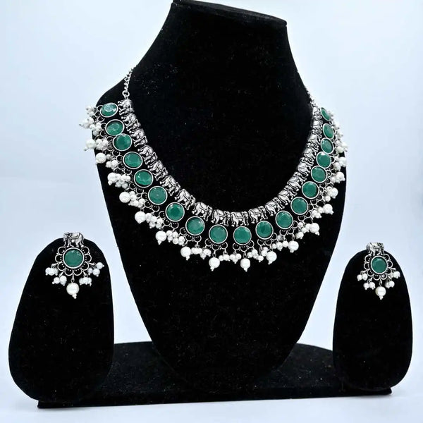 Traditional Green Stone Oxidized Necklace and Earring Set - UB Jewellerys 