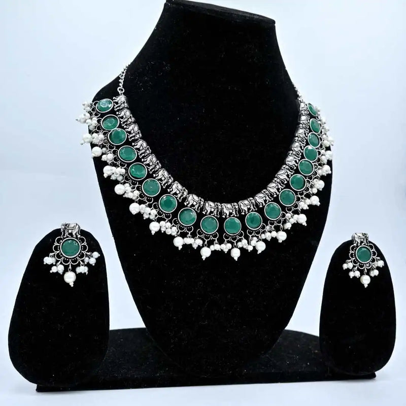 Traditional Green Stone Oxidized Necklace and Earring Set - UB Jewellerys 