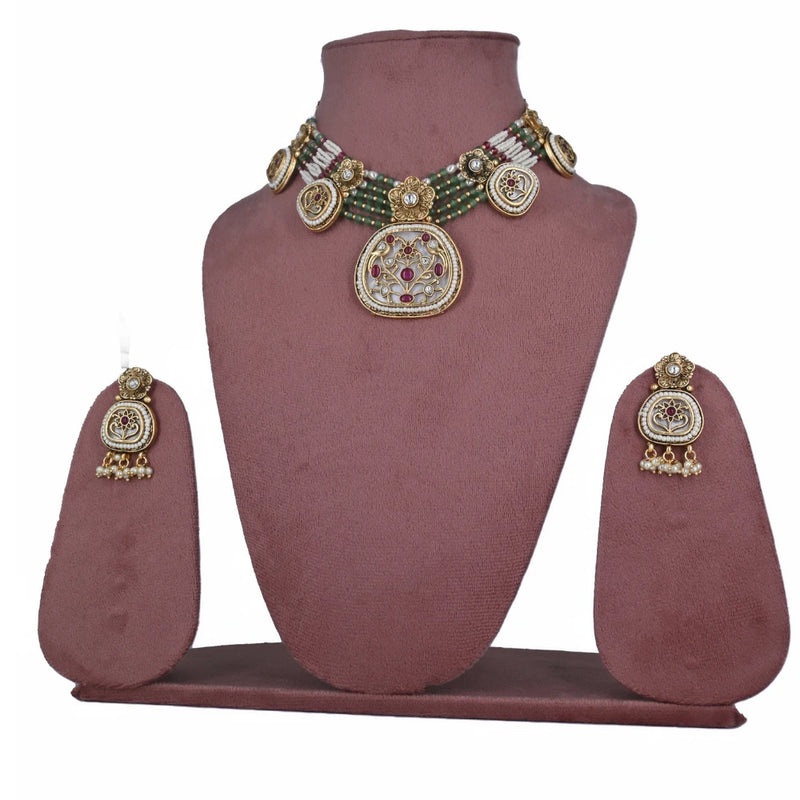 Traditional Imitation Kundan Choker Necklace Set with Multi-Color Beads - UB Jewellerys 