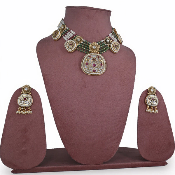 Traditional Imitation Kundan Choker Necklace Set with Multi-Color Beads - UB Jewellerys 