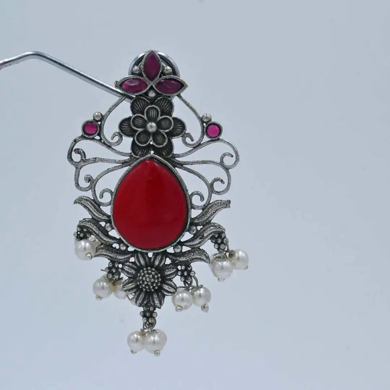 Traditional Silver-Plated Earrings with Red Stone and Pearl Drops - UB Jewellerys 