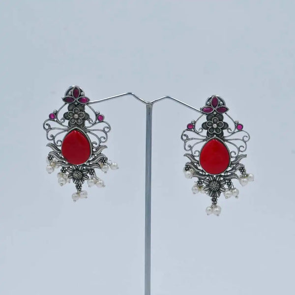 Traditional Silver-Plated Earrings with Red Stone and Pearl Drops - UB Jewellerys 