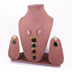 Luxe Geometric Dark Green Gemstone Pendant Necklace Set with dark green Teardrop Earrings - UB Jewellerys 