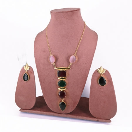 Luxe Geometric Dark Green Gemstone Pendant Necklace Set with dark green Teardrop Earrings - UB Jewellerys 