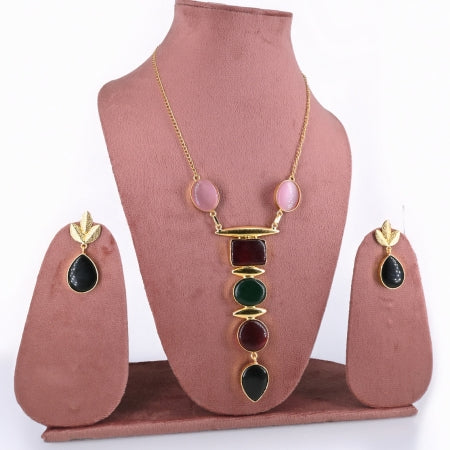 Luxe Geometric Dark Green Gemstone Pendant Necklace Set with dark green Teardrop Earrings - UB Jewellerys 
