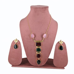 Luxe Geometric Dark Green Gemstone Pendant Necklace Set with dark green Teardrop Earrings - UB Jewellerys 