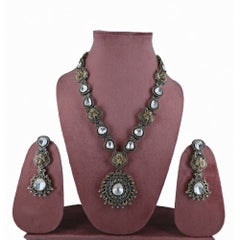 Victorian style statement Jaguar Uncut Polki necklace with light green stones and Kundan and PolkiAmerican Matching drop Earrings - UB Jewellerys 