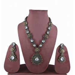 Victorian style statement Jaguar Uncut Polki necklace with light green stones and Kundan and PolkiAmerican Matching drop Earrings - UB Jewellerys 