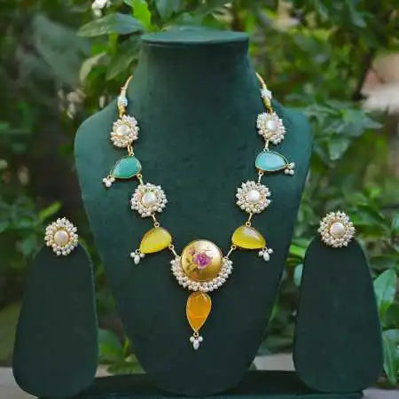 Vintage-Inspired Pearl and Gemstone Statement Necklace Set with Matching Earrings - UB Jewellerys 