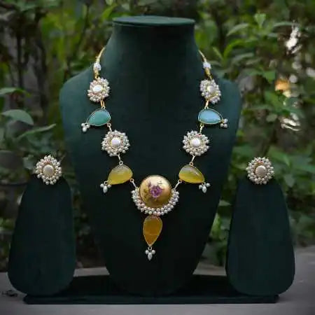 Vintage-Inspired Pearl and Gemstone Statement Necklace Set with Matching Earrings - UB Jewellerys 