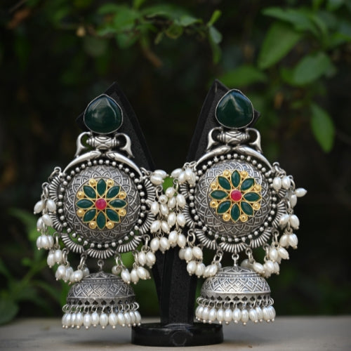 Vintage Meenakari Pearl Jhumka Earrings – Oxidized Silver - UB Jewellerys 