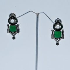 Vintage Green & Pearl Oxidized Earrings - UB Jewellerys 