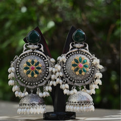 Vintage Meenakari Pearl Jhumka Earrings – Oxidized Silver - UB Jewellerys 
