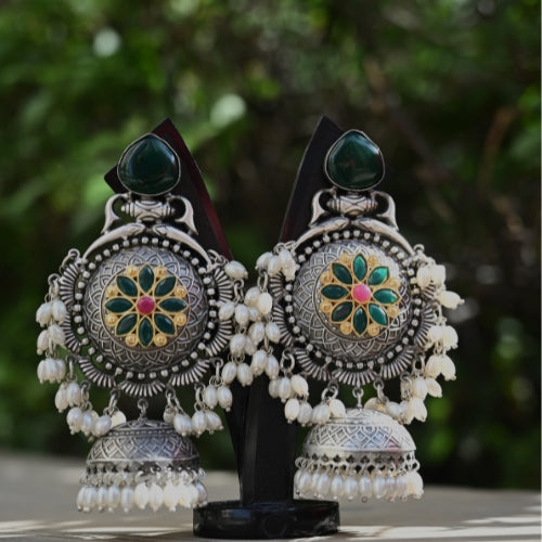 Vintage Meenakari Pearl Jhumka Earrings – Oxidized Silver - UB Jewellerys 