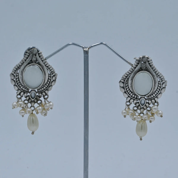 Vintage Silver Oxidized Earrings with Pearl Danglers - UB Jewellerys 
