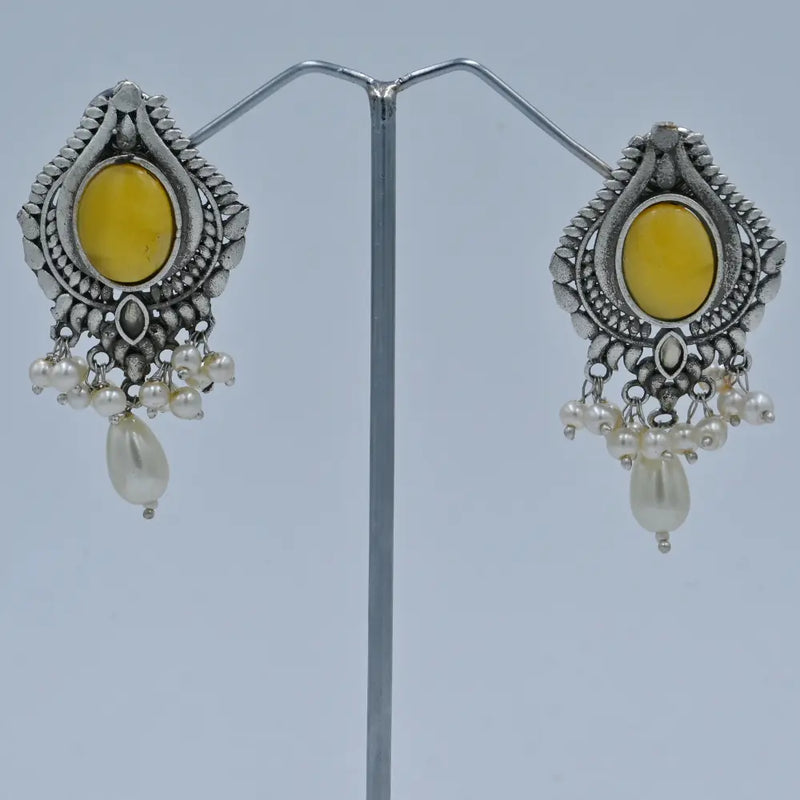 Vintage Silver Oxidized Earrings with Pearl Danglers - UB Jewellerys 