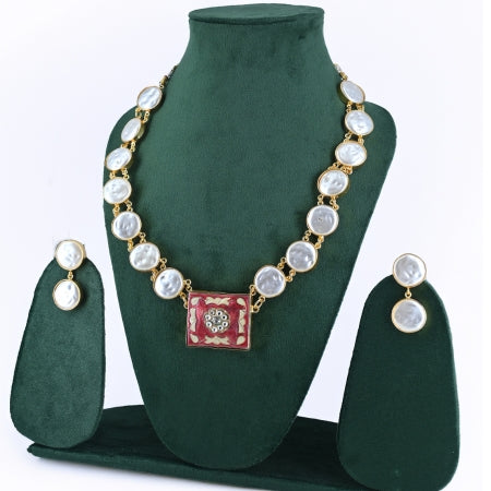 Regal Pearl Necklace Set with Burgundy Square Pendant and Matching Earrings - UB Jewellerys 